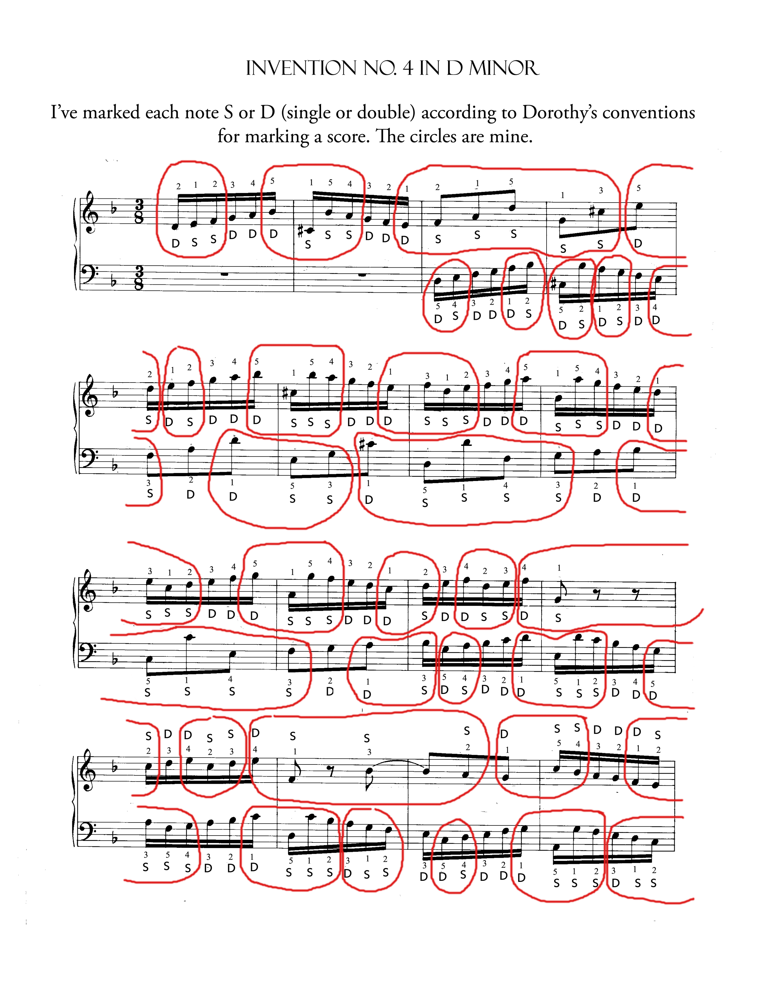 Bach's Iinvention in D minor, marked with S and D according to Dorothy's notational convention